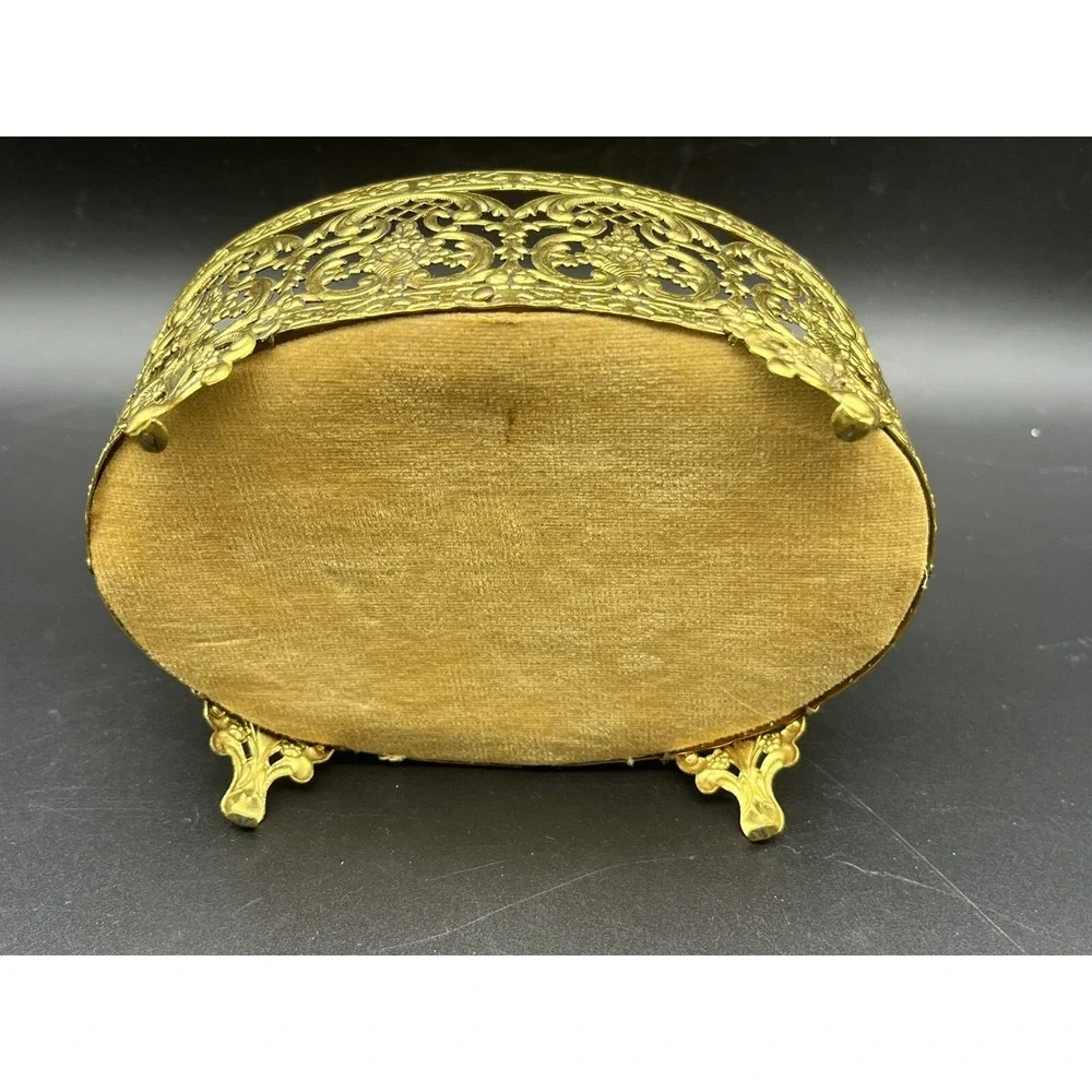 Vintage Ormolu Beveled Glass Filigree Oval Footed Trinket Box 6